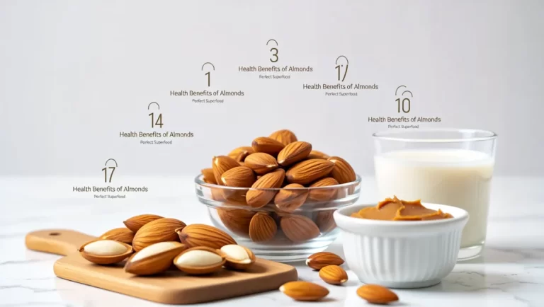 A handful of almonds with health icons around them, symbolizing the top 10 health benefits like heart health, brain function, and weight management.
