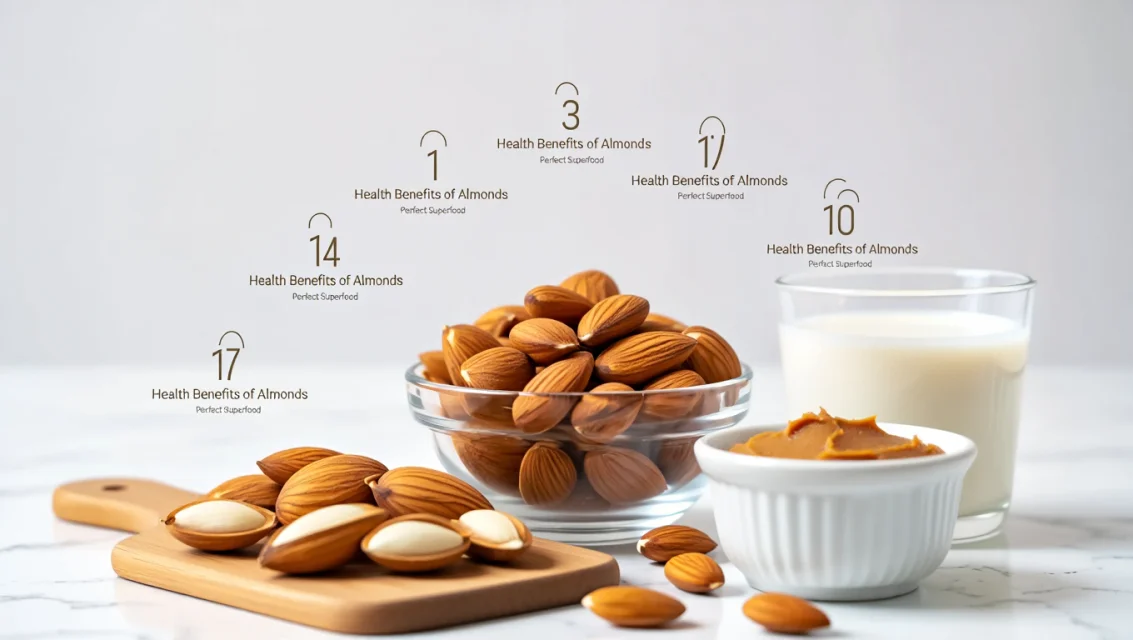 A handful of almonds with health icons around them, symbolizing the top 10 health benefits like heart health, brain function, and weight management.