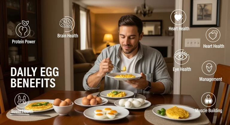 A bowl of fresh eggs symbolizes the health benefits of eating eggs daily, including improved protein intake, brain health, and strong muscles.