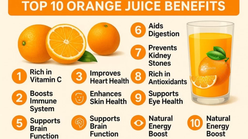 A glass of fresh orange juice highlights its natural benefits for healthy, glowing skin.