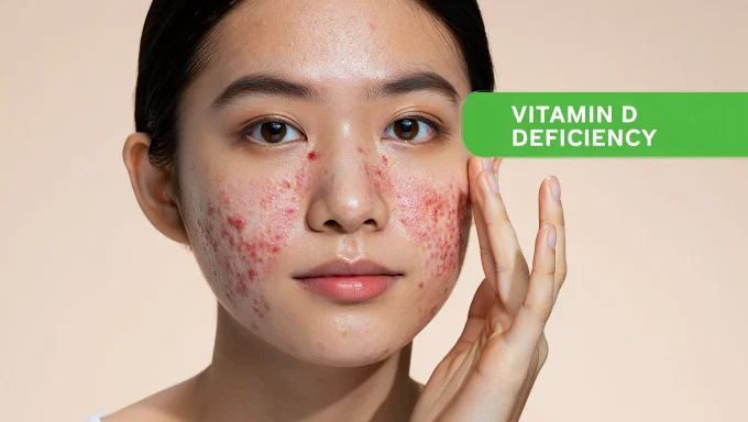 Illustration showing dry, irritated skin on a person with a caption about vitamin D deficiency and its impact on skin health.