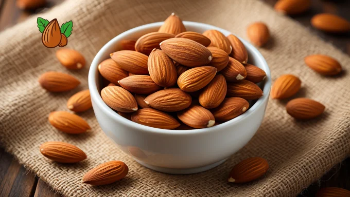 A handful of almonds with health icons around them, symbolizing the top 10 health benefits like heart health, brain function, and weight management.