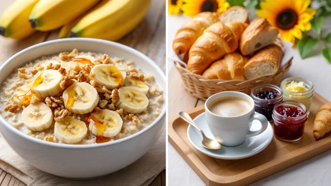 A variety of quick breakfast options, including a bowl of banana walnut oatmeal and a European-style spread with croissants, bread, coffee, and jam, is perfect for busy mornings.