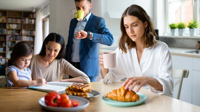 A variety of quick breakfast options, including a bowl of banana walnut oatmeal and a European-style spread with croissants, bread, coffee, and jam, is perfect for busy mornings.