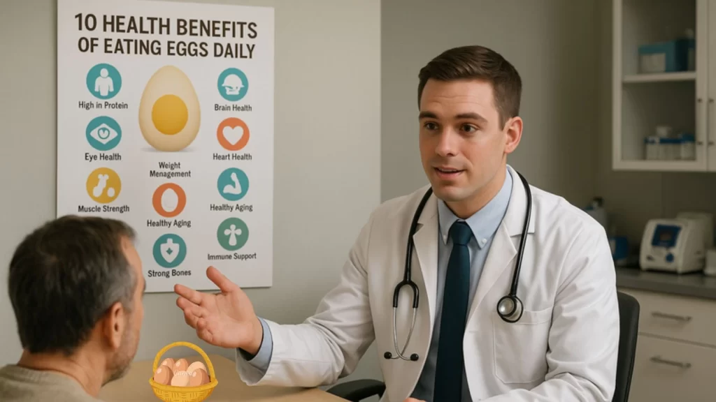 A bowl of fresh eggs symbolizes the health benefits of eating eggs daily, including improved protein intake, brain health, and strong muscles.