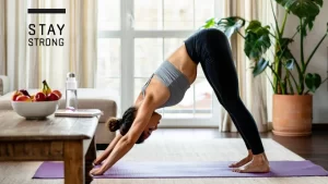Woman practicing yoga at home with healthy food, water, and a meal plan—representing natural weight loss methods in a home setting.