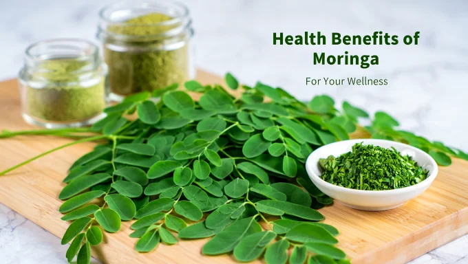 Fresh moringa leaves in a bowl, representing their powerful health benefits for wellness, including improved immunity, digestion, and energy levels.