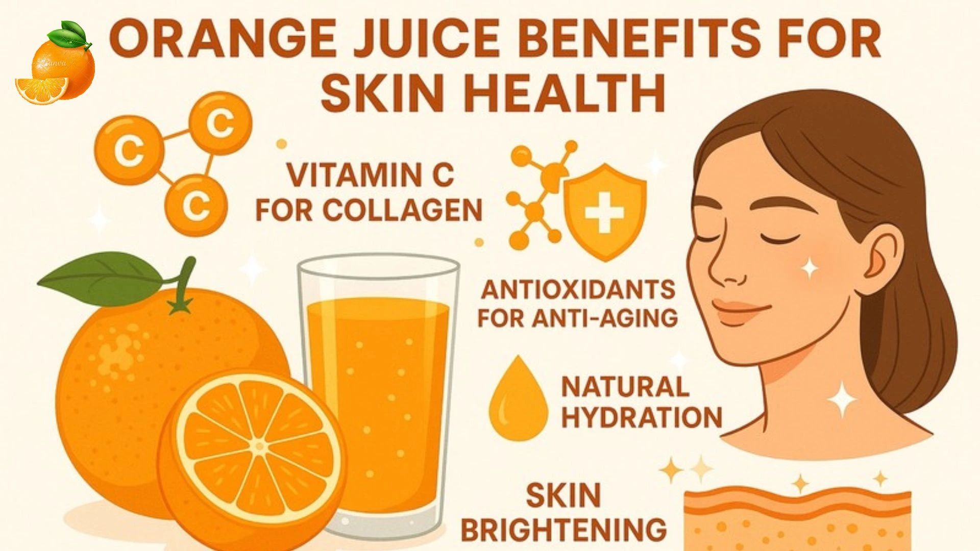 A glass of fresh orange juice highlighting its natural benefits for healthy, glowing skin.