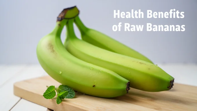 Raw bananas on a wooden surface highlight their health benefits, such as improved digestion, blood sugar control, and gut health support.