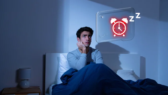 Person lying awake in bed at night, showing signs of insomnia or sleep problems, highlighting the struggle to fall asleep and the need for sleep solutions.