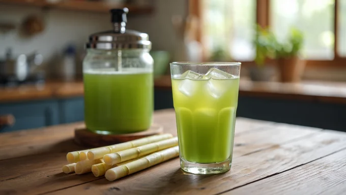 A refreshing glass of sugarcane juice is placed on a wooden table, highlighting its natural color and health benefits such as hydration, energy boost, improved digestion, and detoxification.